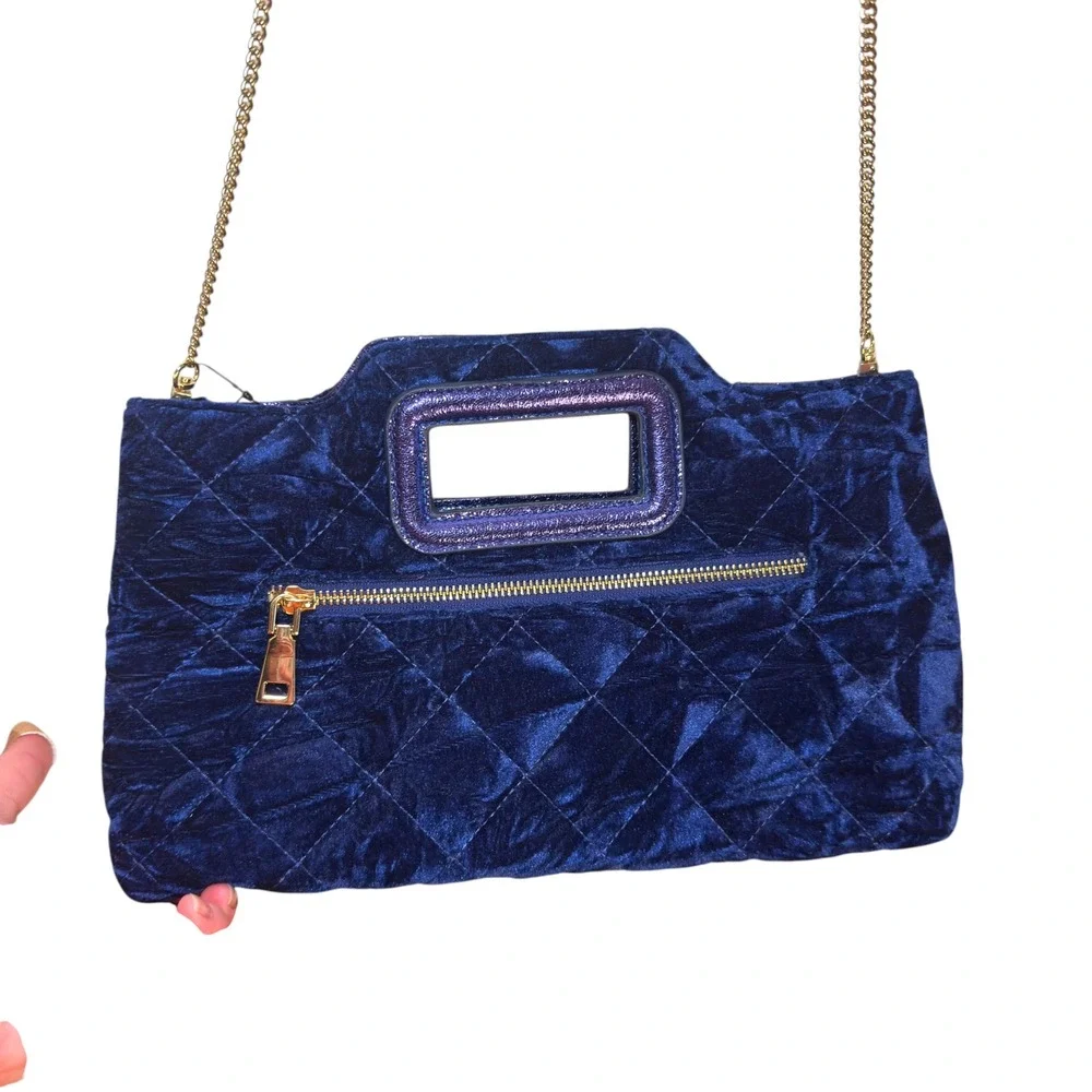 INC Judithh Clutch OS Sapphire Blue Quilted Velvet Chain Strap Glam Evening Bag
